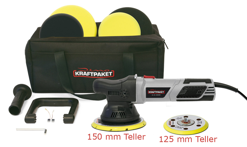 Dino KRAFTPAKET 21mm-900W Exzenter Poliermaschine Stufenlos im XXL-Set mit 125mm 150mm Teller 640300