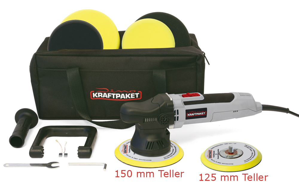 Dino KRAFTPAKET 9mm-650W Exzenter Poliermaschine Stufenlos im XXL-Set mit 125mm 150mm 640296