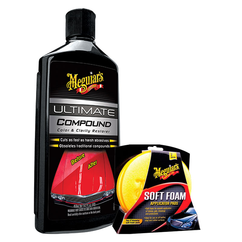 Praktisches Lackpflege-Set! MEGUIAR'S Lackreiniger ULTIMATE COMPOUND 450 ml + Applicator Pads (2er)