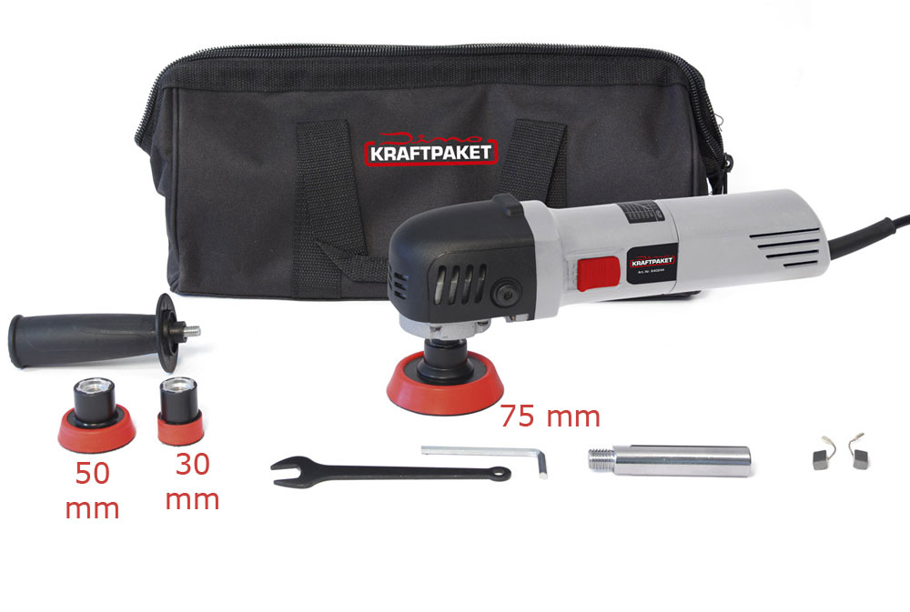 Dino KRAFTPAKET 710W Rotations Poliermaschine stufenlos im Set mit 3 Tellern (30,50,74mm) 640244