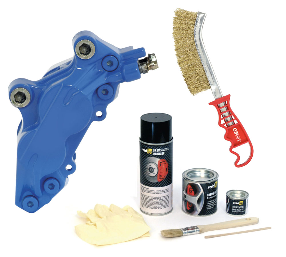 raid hp Bremssattellack Blau 2 Komponenten Komplett-Set + KS Tools Messing Bremssattelbürste