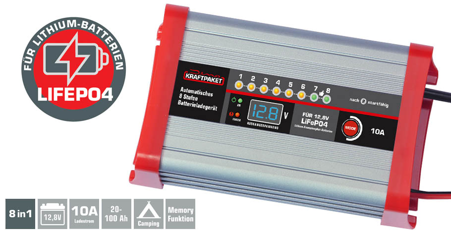 Dino KRAFTPAKET Batterieladegerät 12,8V · 10A für lifepo4-/LFP-Lithium-Batterien