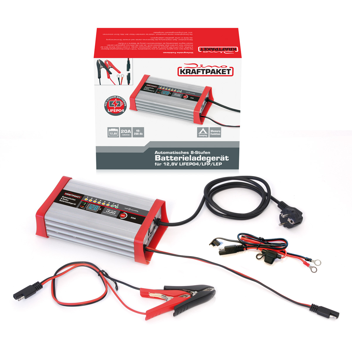 Dino KRAFTPAKET Batterieladegerät 12,8V · 20A für lifepo4-/LFP-Lithium-Batterien