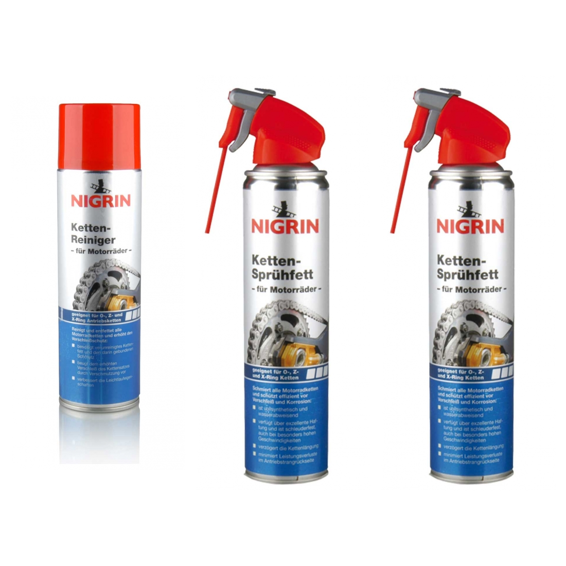 Nigrin Ketten-Reiniger für Motorräder 73889 plus 2x Ketten-Sprühfett 400 ml 73888