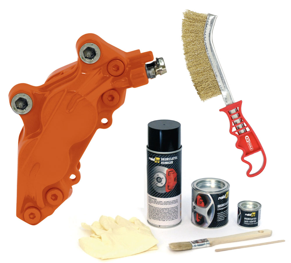 raid hp Bremssattellack Orange 2 Komponenten Komplett-Set + KS Tools Messing Bremssattelbürste