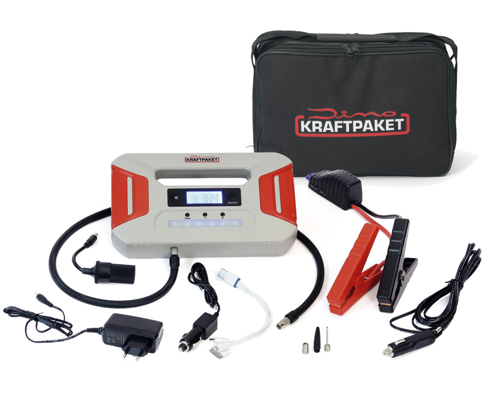 Dino KRAFTPAKET 12V-600A STARTHILFEGERÄT 51.2Wh 16000mAh mit Kompressor Powerbank