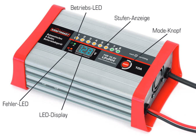 Dino KRAFTPAKET Batterieladegerät 12,8V · 10A für lifepo4-/LFP-Lithium-Batterien