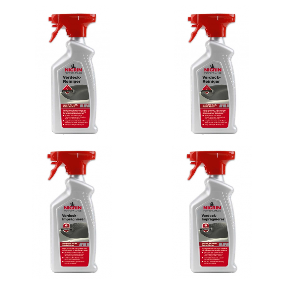 2x NIGRIN Performance Verdeck-Reiniger 500 ml 74182 2x Verdeck-Imprägnierer 74183 4-tlg.
