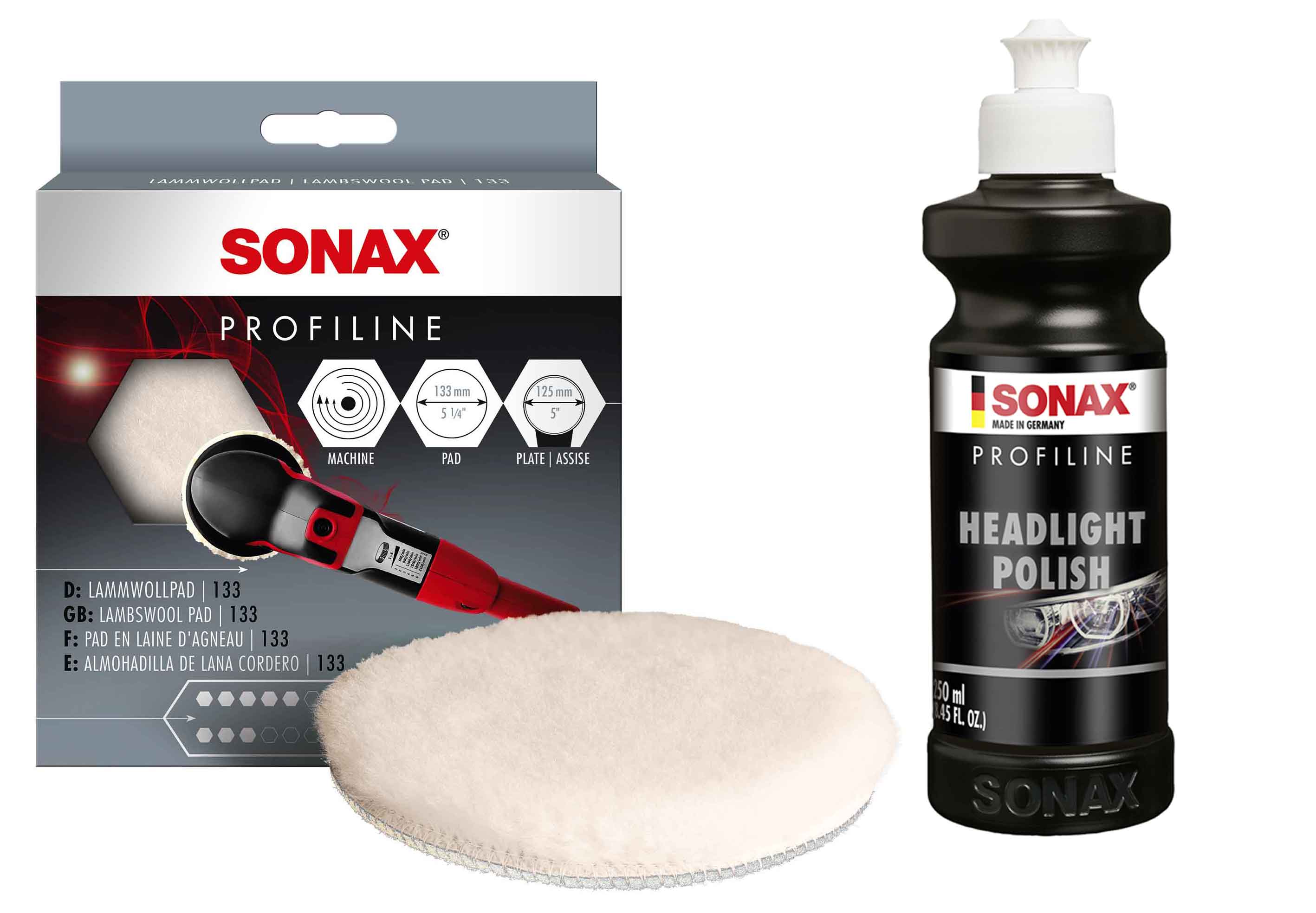 SONAX PROFILINE Headlight Polish Scheinwerferaufbereitung 250ml + Lammwoll Pad 133 (1 Stück)