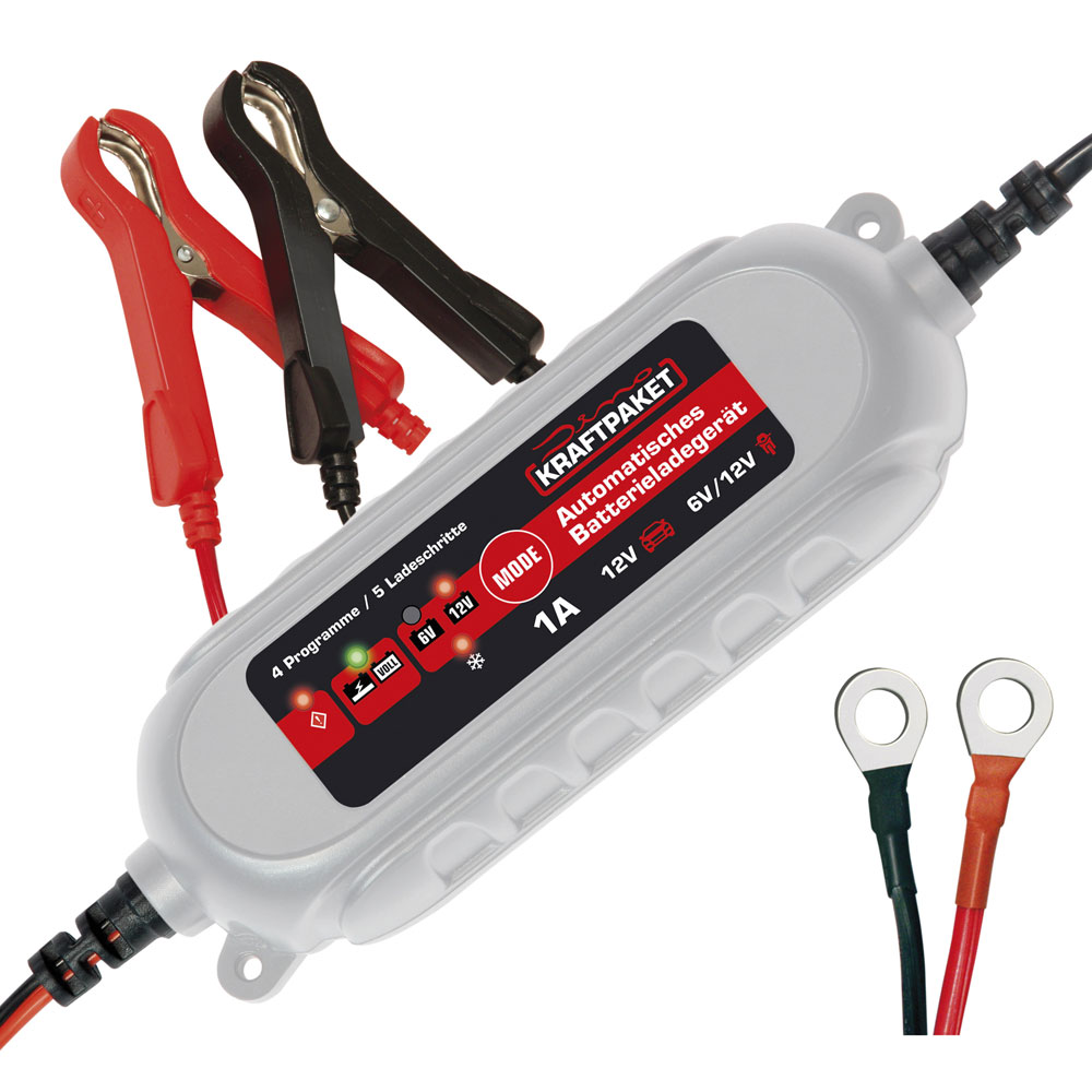 Dino KRAFTPAKET KFZ Batterieladegerät 6V/12V 1A mit Erhaltungsladung + Ringösen