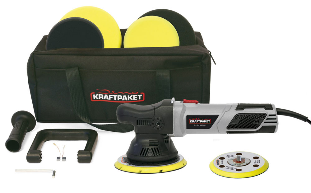 Dino KRAFTPAKET 9mm-900W Exzenter Poliermaschine Stufenlos im XXL-Set mit 125mm 150mm 640302