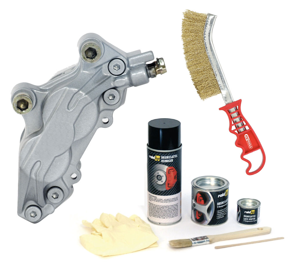 raid hp Bremssattellack Silber Metallic 2 Komponenten Komplett-Set +  Messing Bremssattelbürste