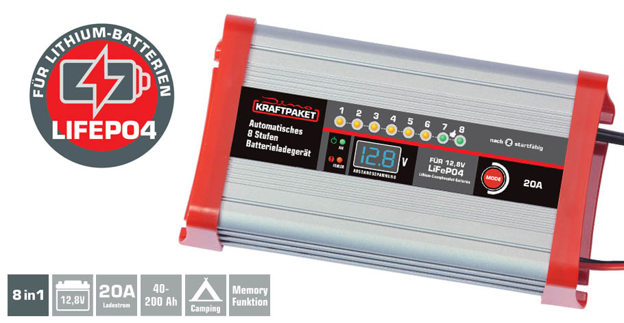 Dino KRAFTPAKET Batterieladegerät 12,8V · 20A für lifepo4-/LFP-Lithium-Batterien