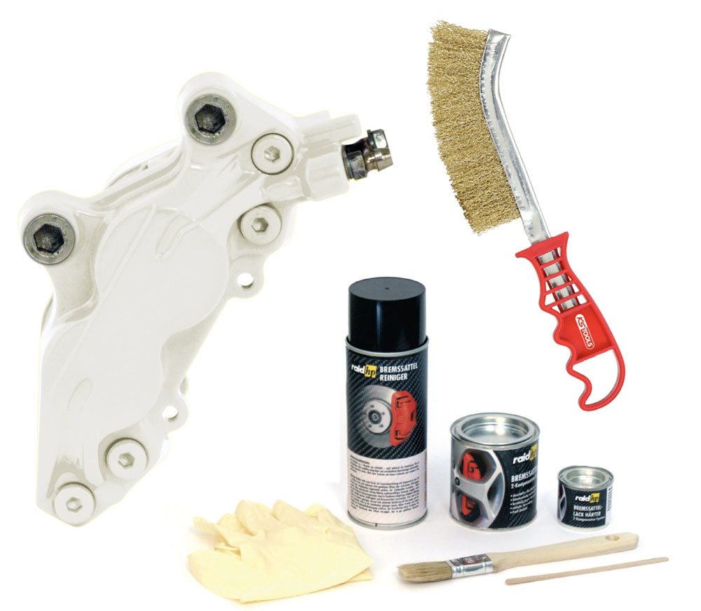 raid hp Bremssattellack Weiß 2 Komponenten Komplett-Set + KS Tools Messing Bremssattelbürste