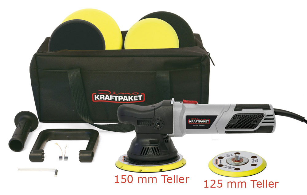 Dino KRAFTPAKET 9mm-900W Exzenter Poliermaschine Stufenlos im XXL-Set mit 125mm 150mm 640302