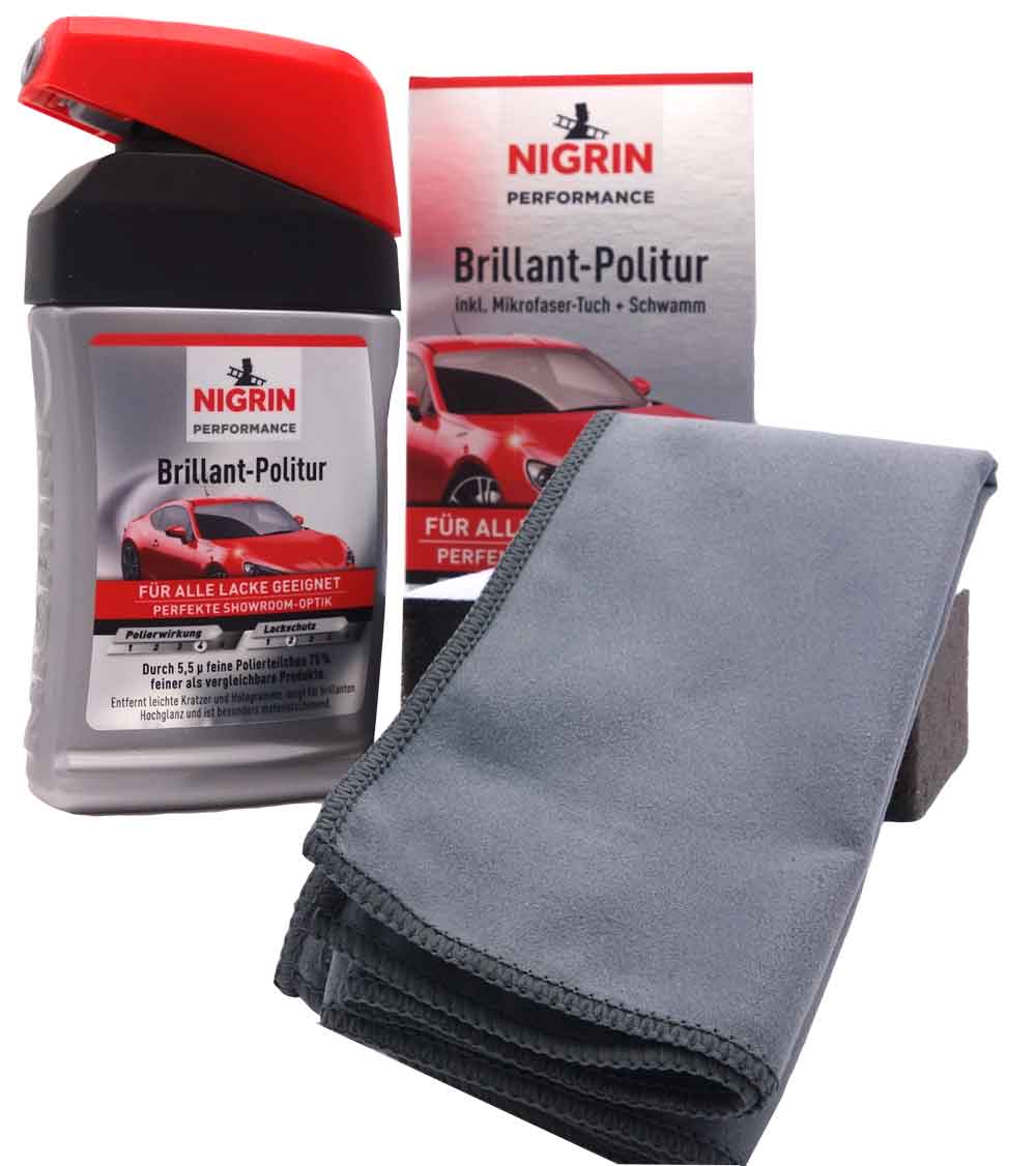 Nigrin Brillant Politur Turbo 300 ml 72970 - Anzahl: 1x Mikrofaser Waschhandschuh mit Insektennetz farblich sortiert 71110